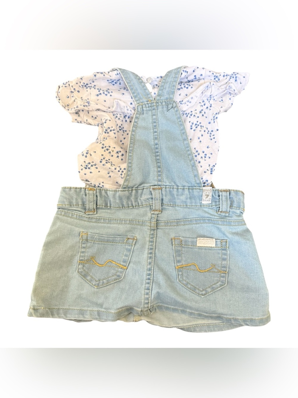 7 For All Mankind Light Blue Denim Overall Dress with White Floral Tee - Picture 2 of 7